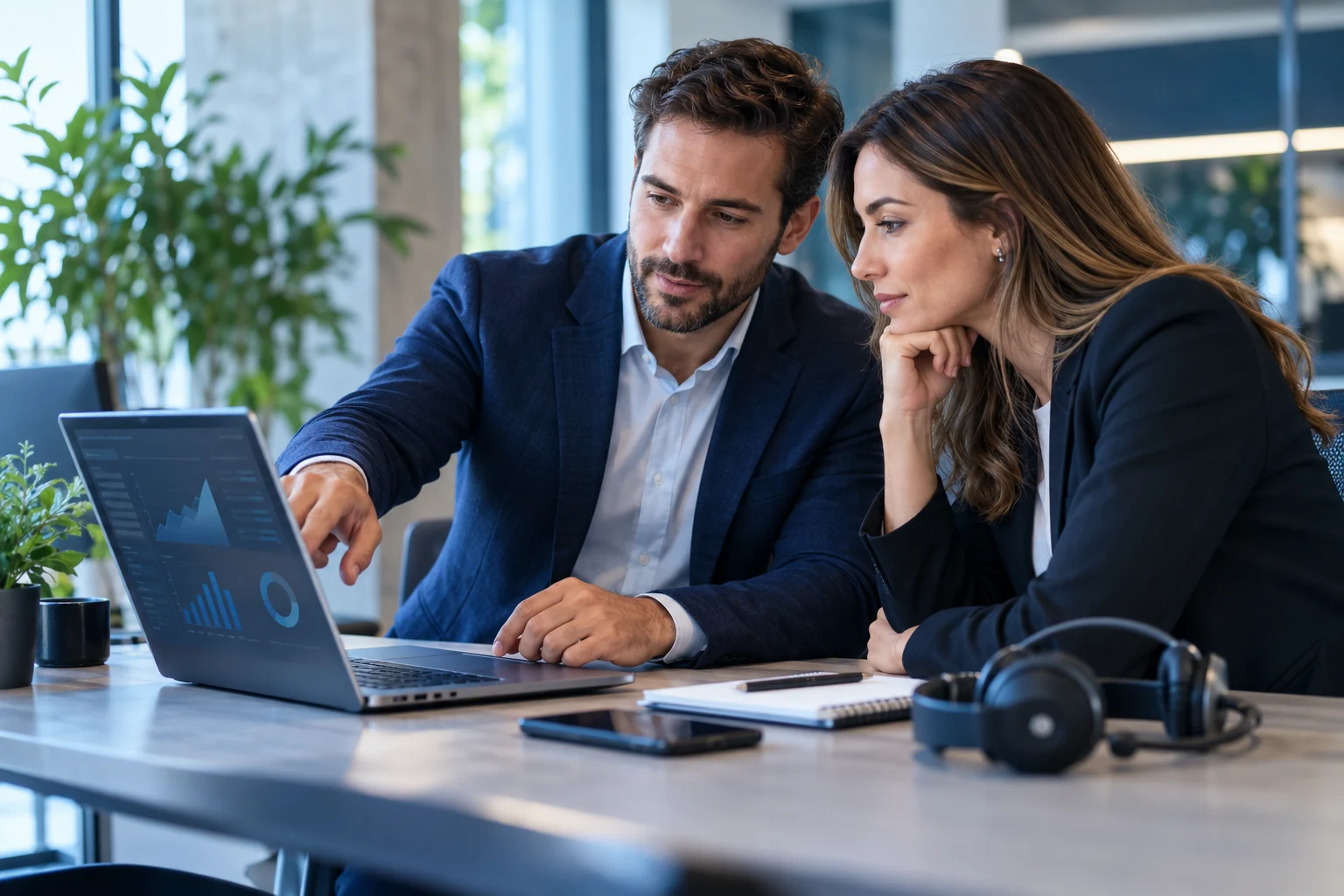 Colleagues reviewing customer activity together on a laptop