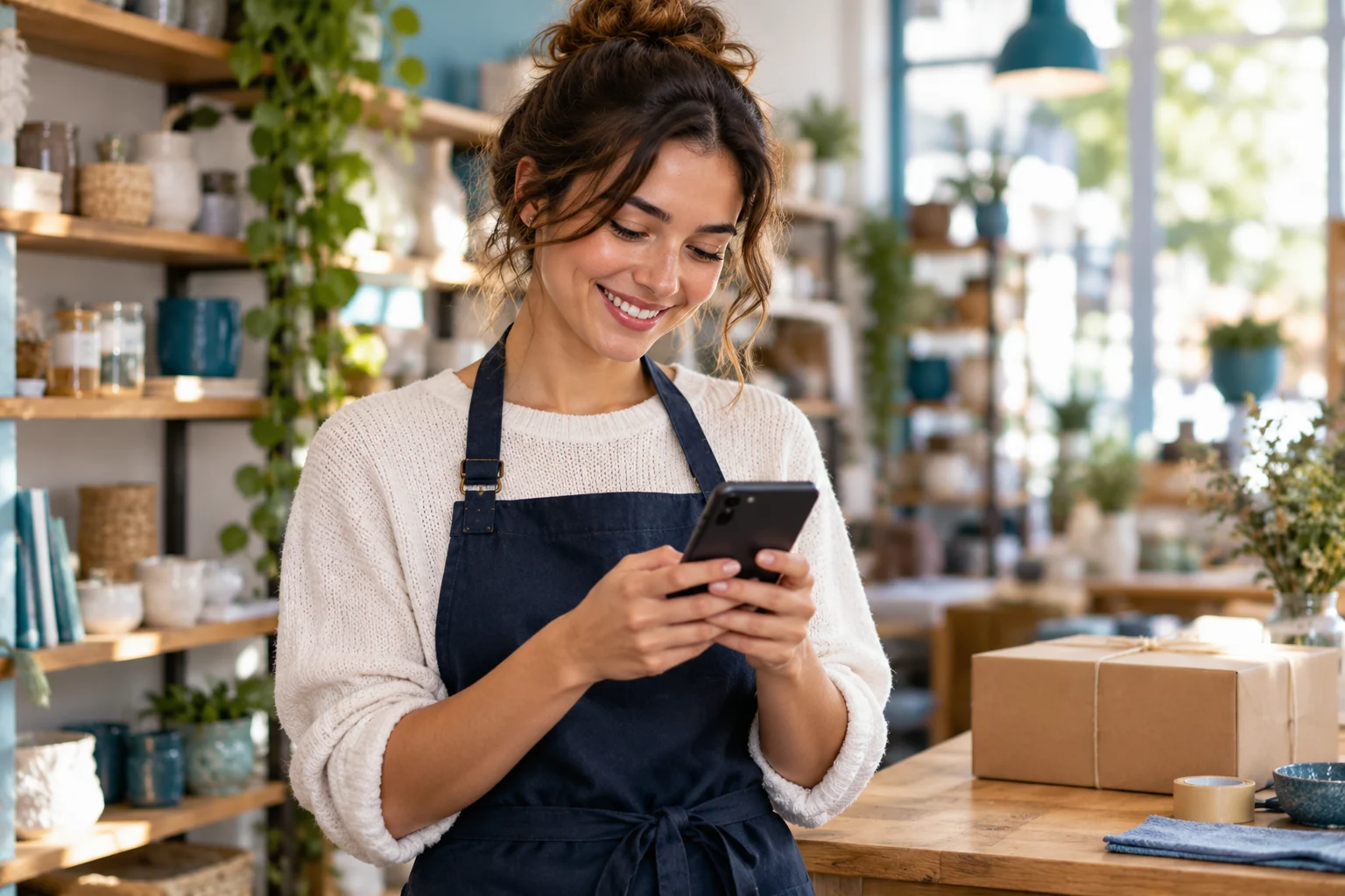 Shop owner reading a customer message on her phone beside a packed order