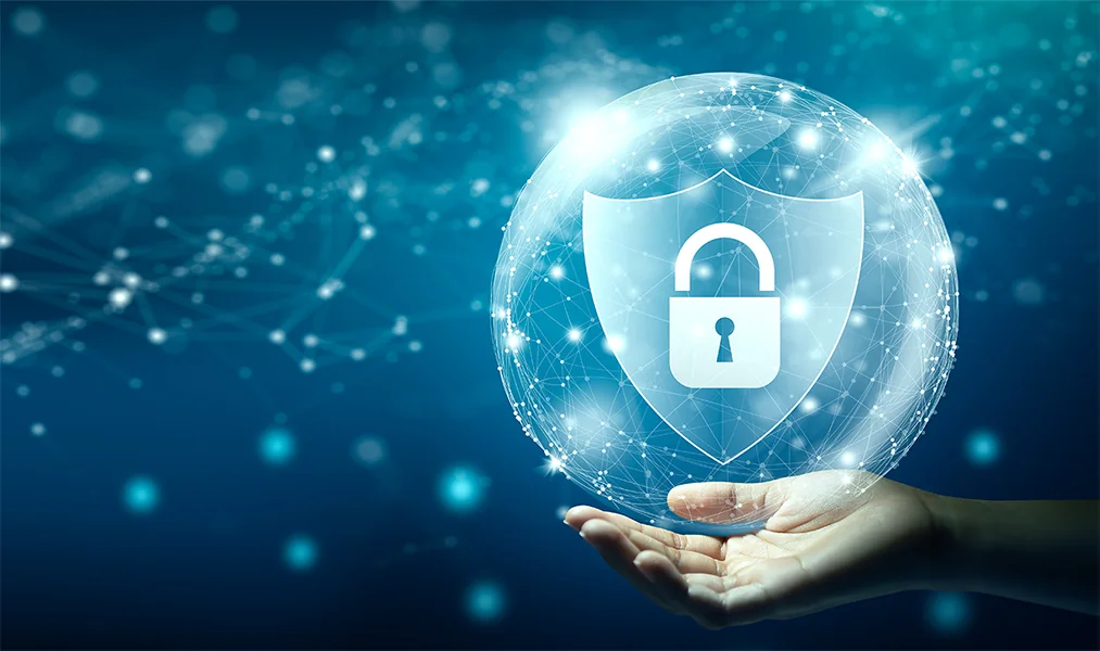 Secure digital network represented by a shield and lock over a connected globe