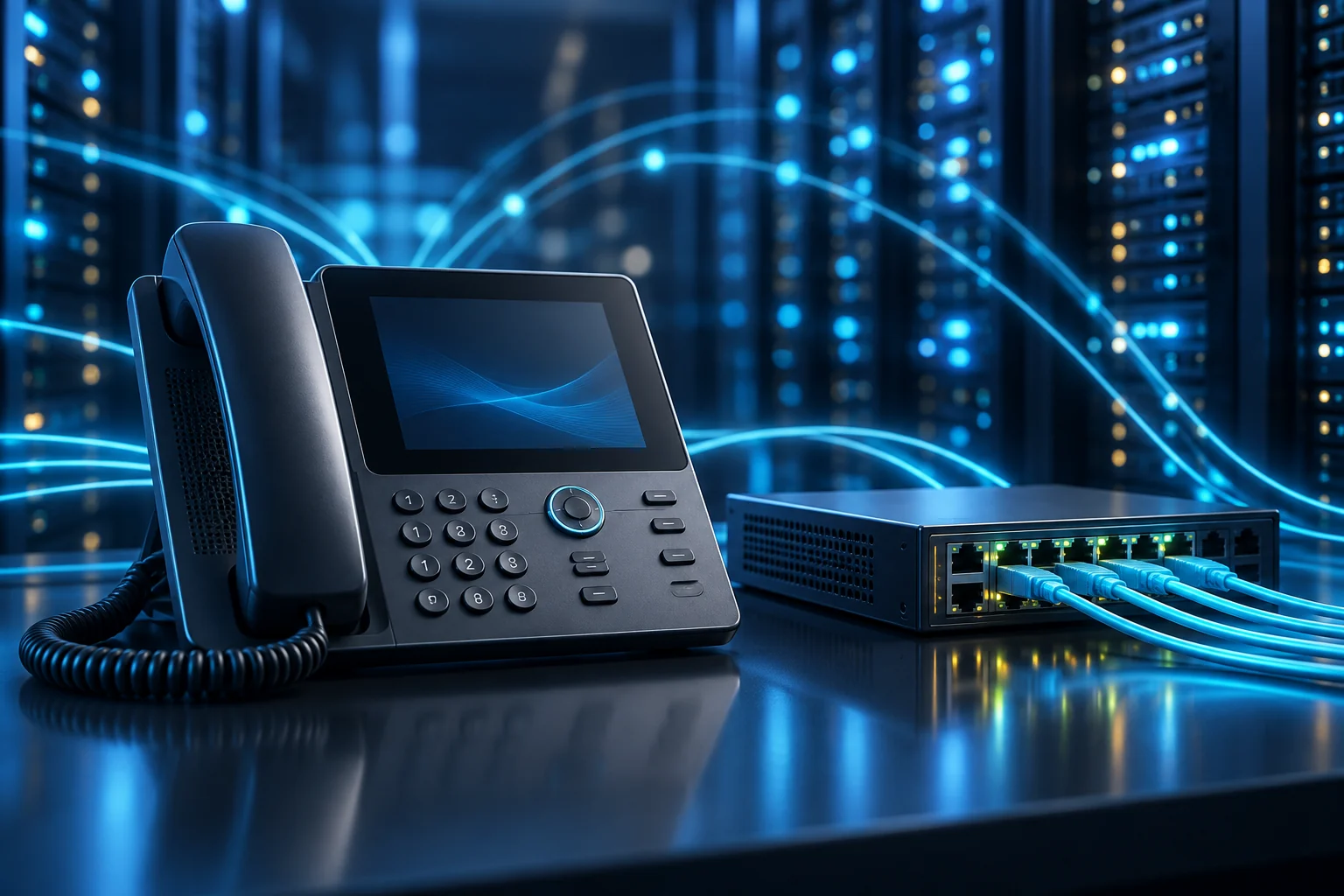 Business desk phone and network switch connected to communications infrastructure