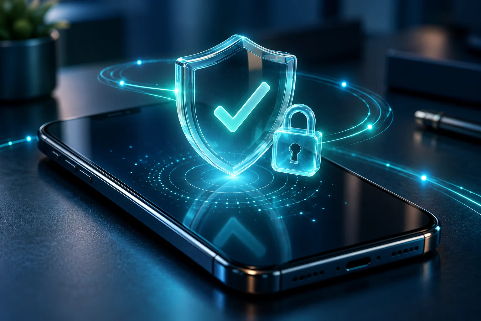 Glass shield and lock above a smartphone representing account verification